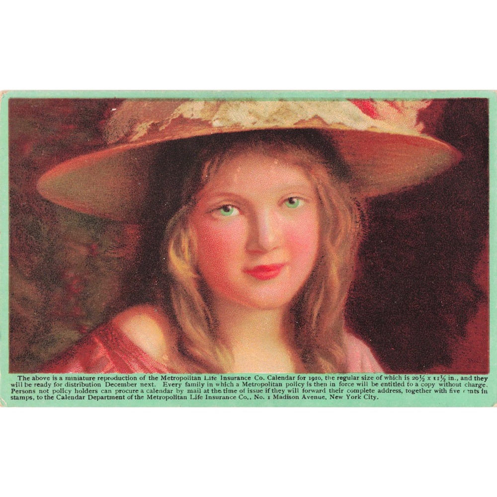 Metropolitan Life Insurance Co 1910 Calendar Girl Advertising Postcard Litho